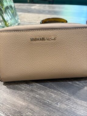 Michael Kors Pebbled Zip Around Wallet in Beige